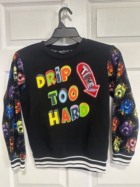 Kids Black 'Drip Too Hard' Graphic Sweatshirt with Multicolor Printed Sleeves